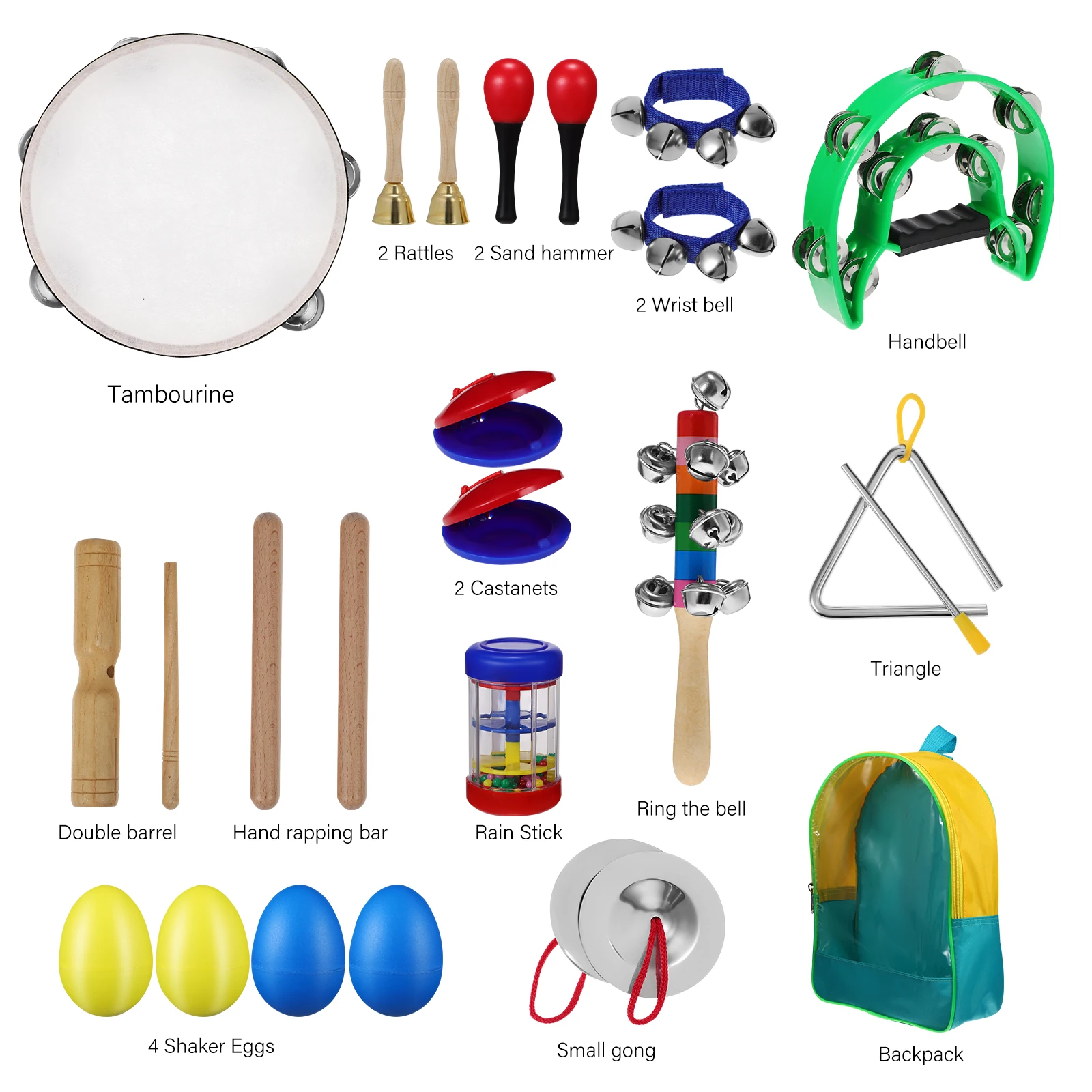 

14pcs Percussion Instrument Set Tambourine Drum Musical Instruments Age 9 Wood Metal Sturdy Backpack Included Hand for Adults