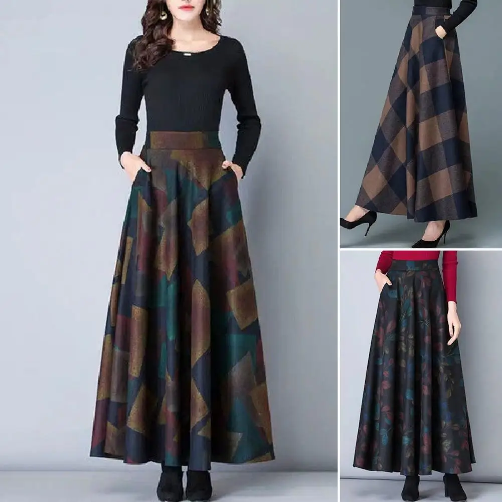 

Stylish Office Skirt Autumn Winter Plaid Print High Waist A-Line Maxi Skirt Large Hem Thick Elegant Skirt Female Clothing