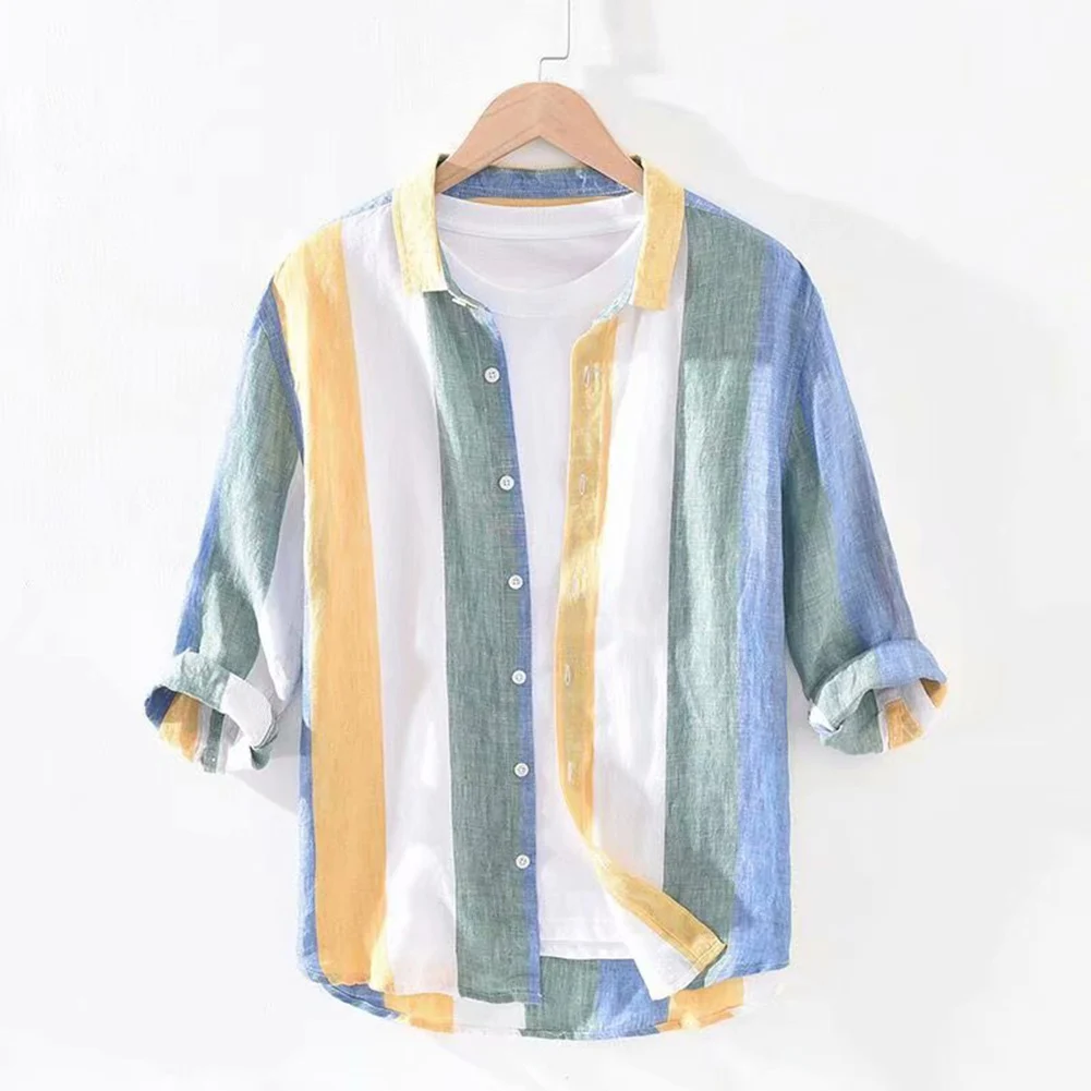 Camisa de lino de manga tres cuartos para hombre, Tops finos sueltos de verano, informal