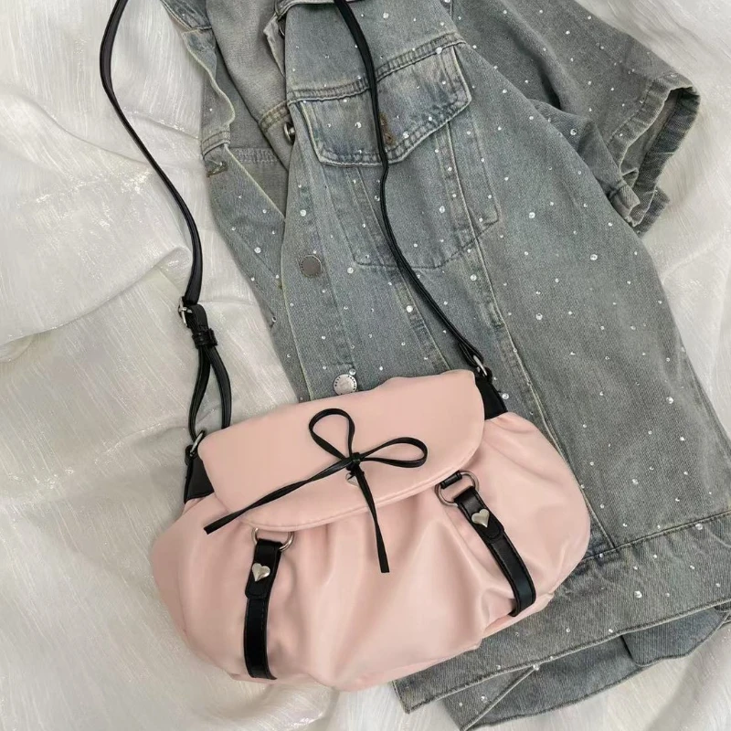 

Pleated PU Leather Women's Crossbody Bags Sweet Bow Ladies Small Shoulder Bag Fashion Pink Female Underarm Bag Purse Handbags