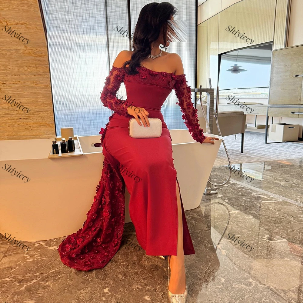 Sexy Strapless Jersey Split Evening Dress Saudi Arabia Appliques Off the Shoulder 3D Flowers Prom Gowns Special Occasion Dress