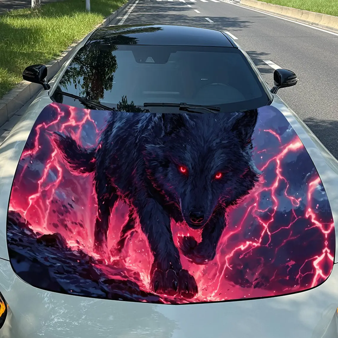 

Scarlet Thunder Black Wolf Roaring Car Vinyl Wrap, PVC Material Waterproof Car Hood Sticker, Self-Adhesive Scratch-Resistant Sti