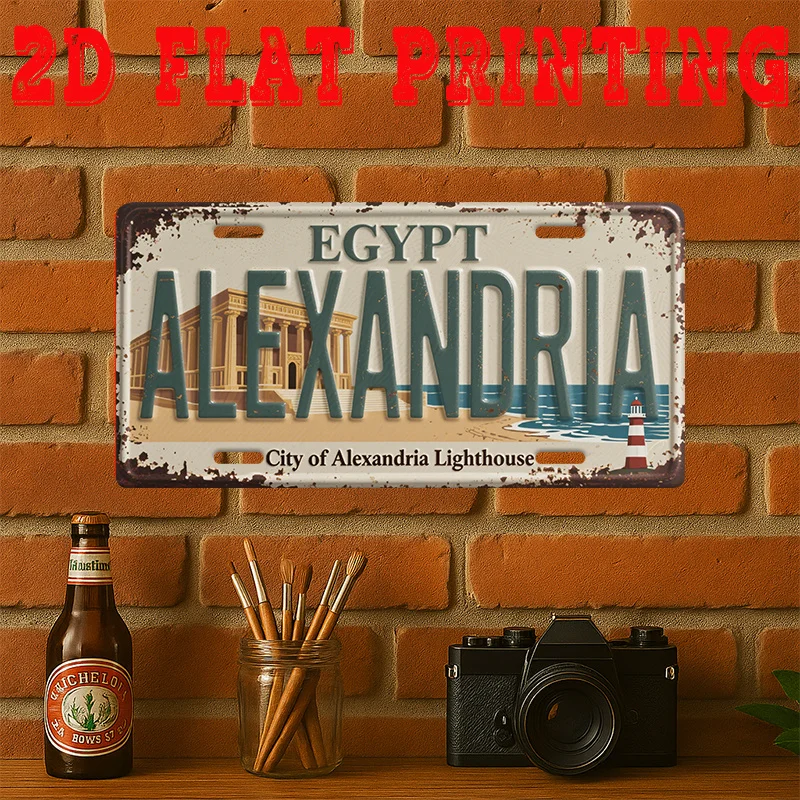 2D Flat - [2D Flat] 2D Printed Sign, 1pc, Vintage Metal Tin Sign (29.97 * 14.99 cm), Alexander Lighthouse City Sign, Retro Decor