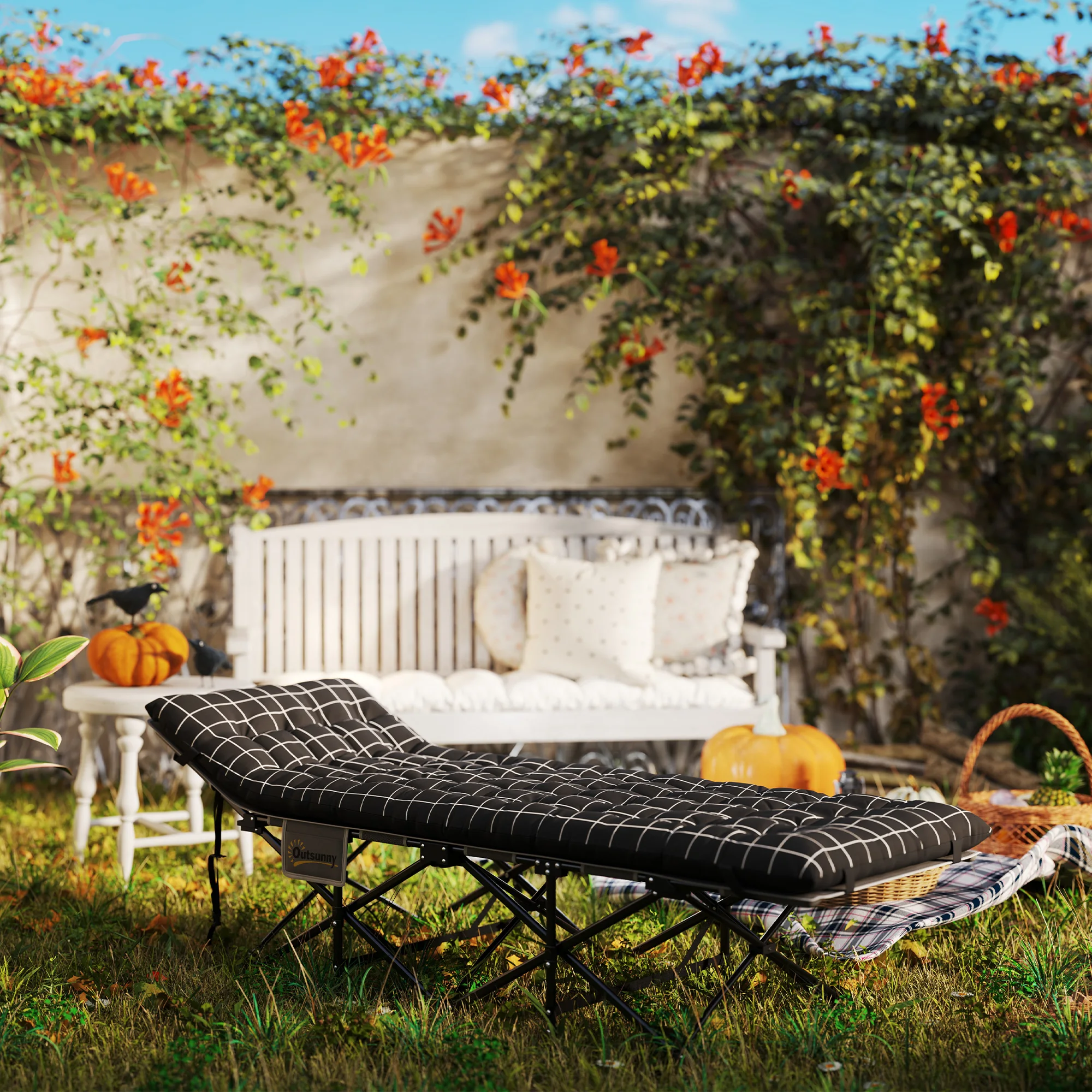 Cama plegable para acampar, colchón, ergonómica, estructura metálica, negra