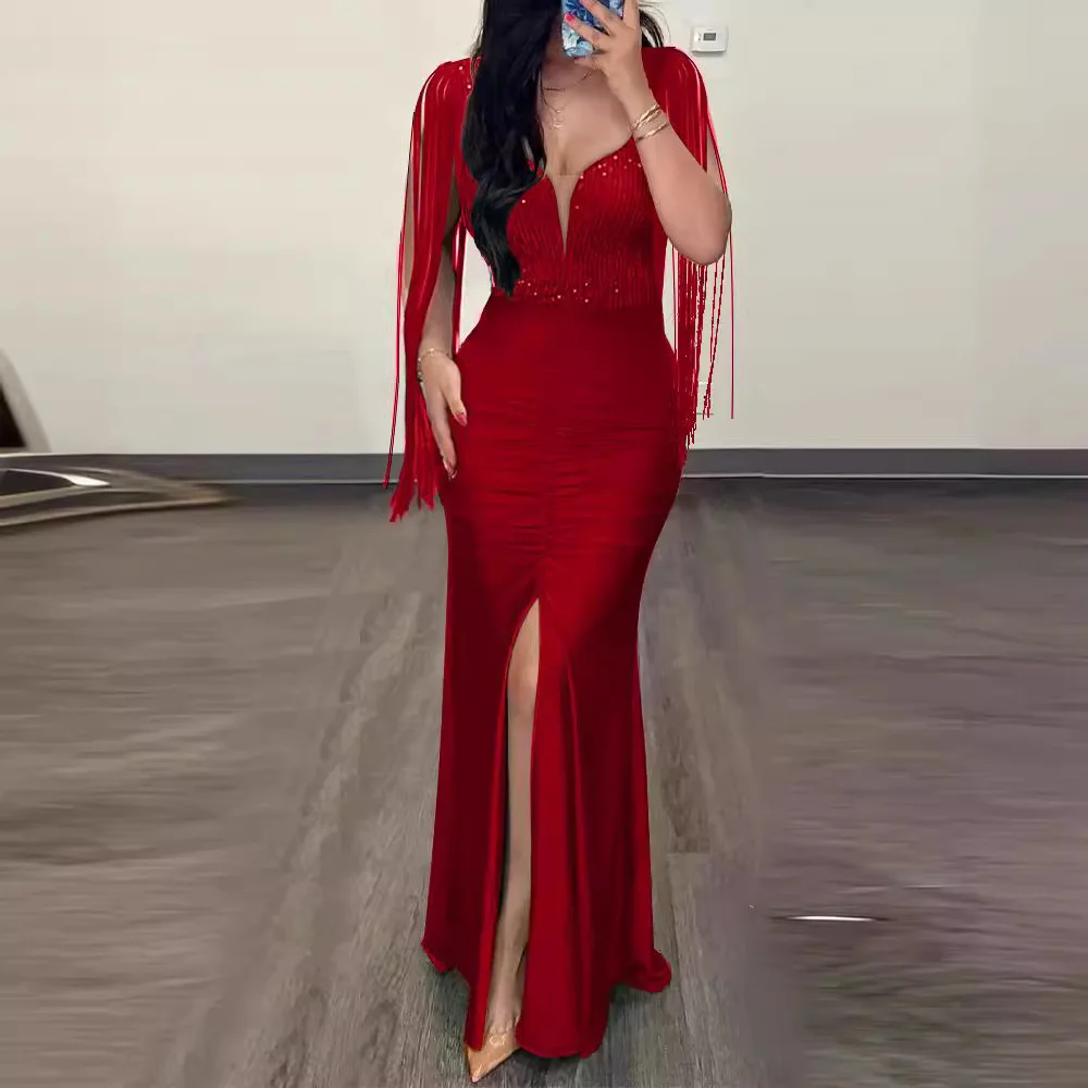

Fashion Bead Hip-wrapped Sexy Dress Round Neck Split-ended Fringed Sleeves Pleated Evening Dress