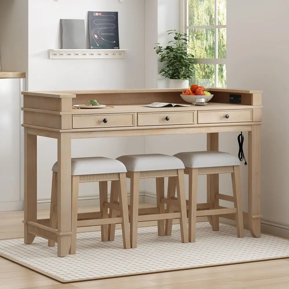 

4-Piece Natural Wood Dining Set with USB Charging Port and 3 Cushioned Stools