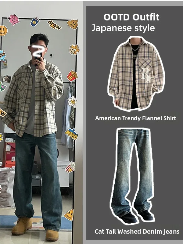 

Spring 2024 Men's Faion Brand Waed Bell Bot Jeans Khaki Long Sve Plaid irt Set American Sle Teenager Polyester ...