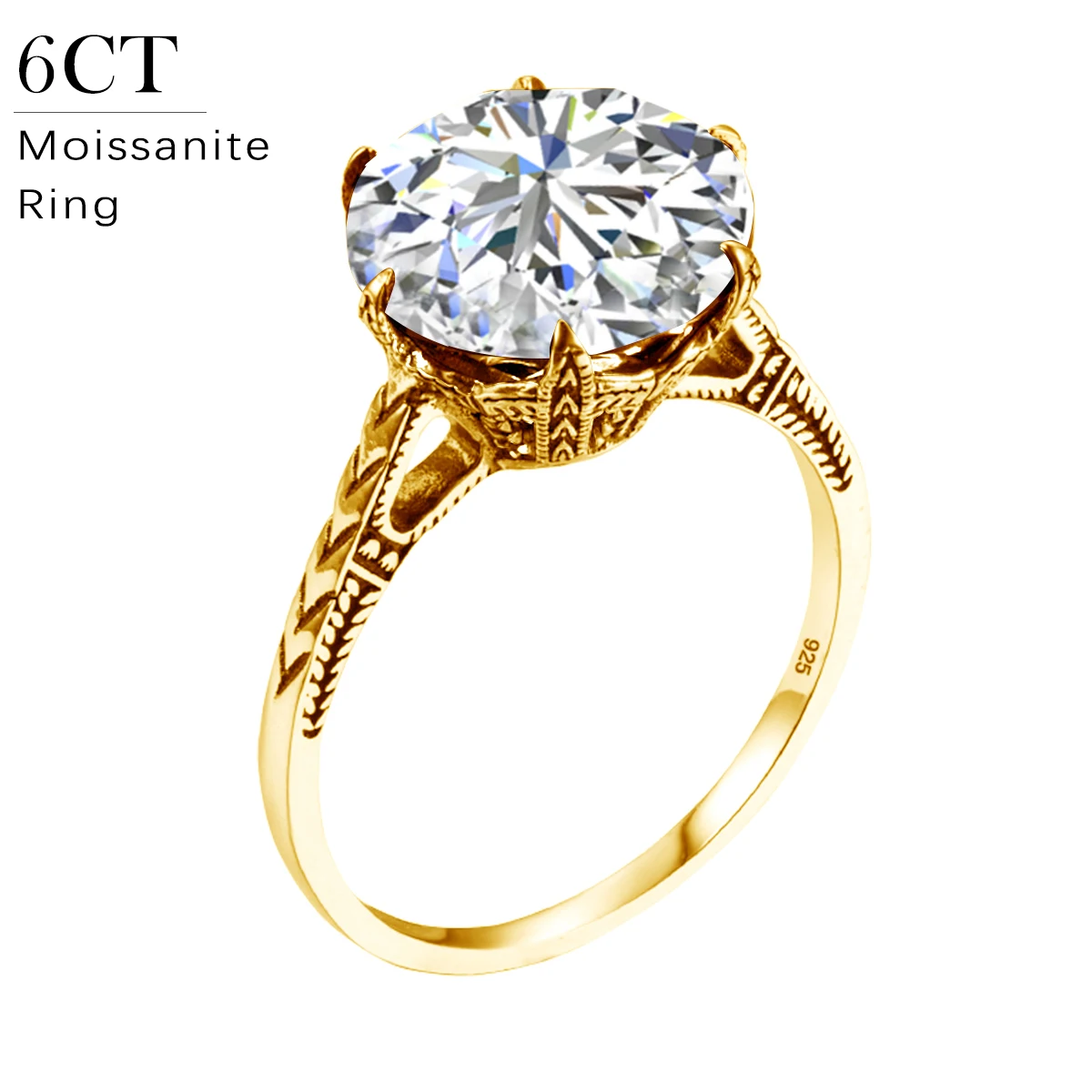 6ct 12mm Round Cut Moissanite Ring For Women Solid 925 Gold Plated Wedding Diamond test Pass Certified Women's Jewelry