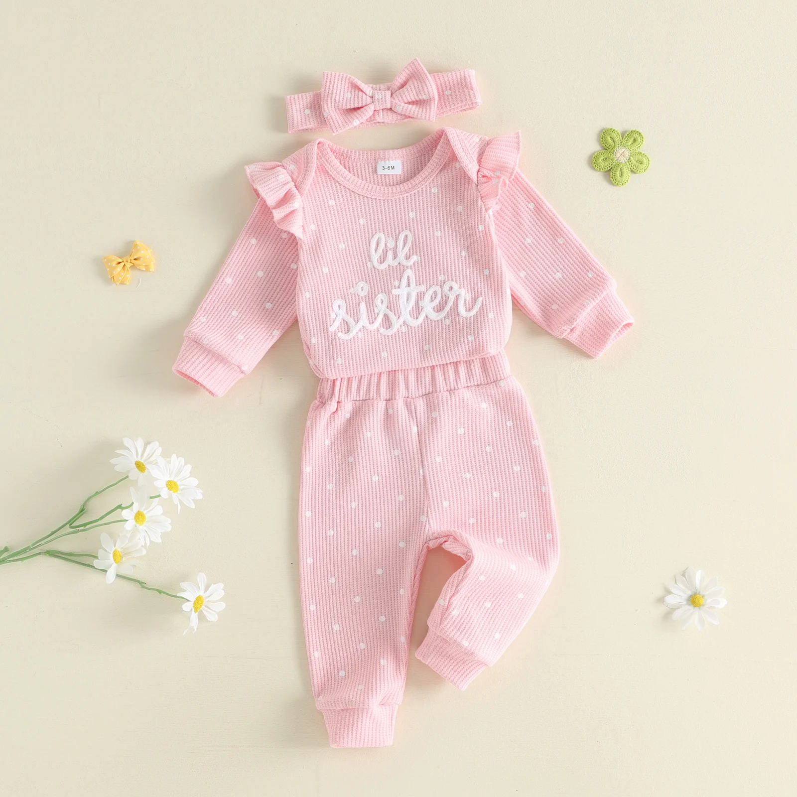 Baby Girl Fall Waffle Outfits Long Sleeve lil sister Letter Dot Print Romper with Pants and Headband