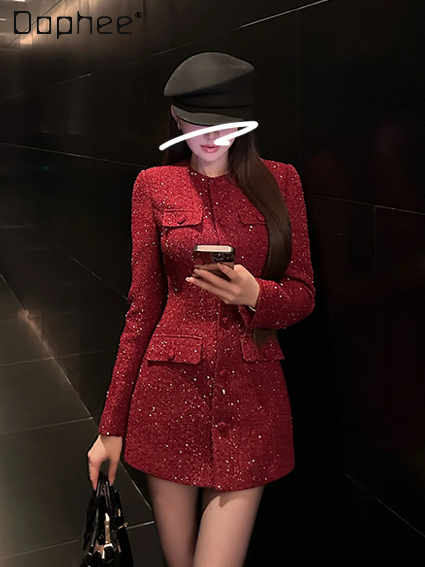 

Christmas New Year Red Shiny Slim Mid-Length Woolen Coat Heavy Craftsmanship Elegant Tweed Round Neck Single-Breasted Mini Dress
