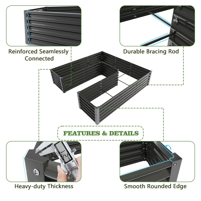 Ocynkowane łóżka ogrodowe w kształcie litery U na zewnątrz, duże metalowe pudełko do sadzenia warzyw 6x6x1,5 stopy, łatwa konfiguracja, kwarcowy szary