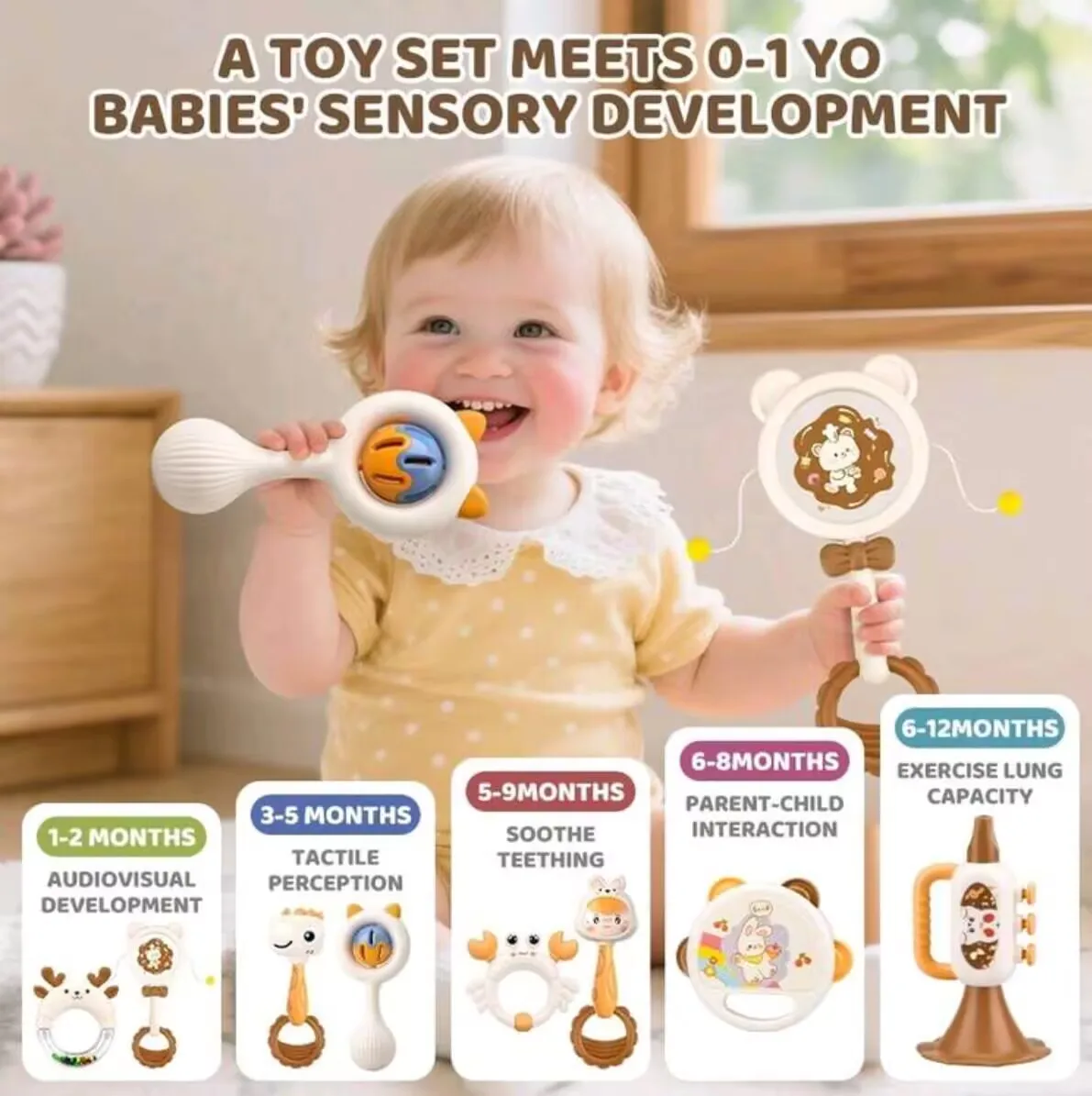 Newborn baby rattle gift box set, baby grasping training and soothing toy, cartoon animal teething toy rattle combination, perfe