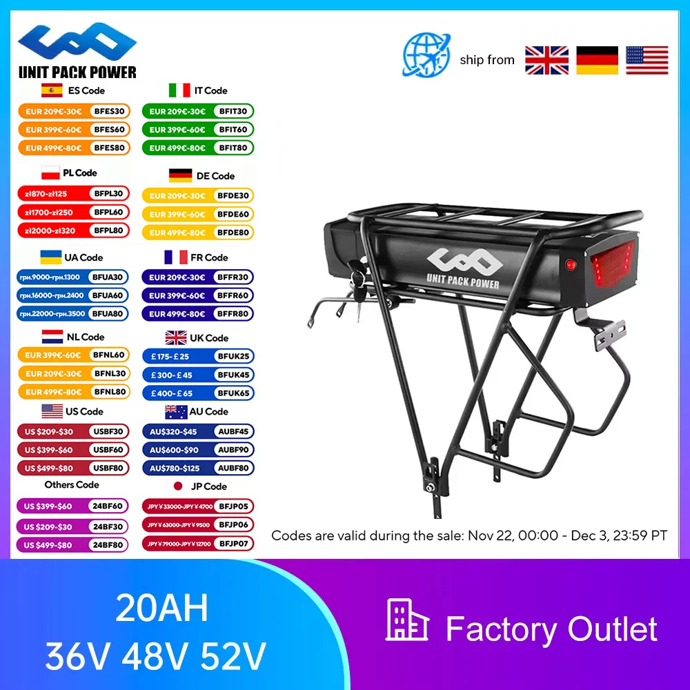 52V 48V 36V 20AH Rear Rack eBike Battery 18650 Cells Lithium Pack with Luggage for 1800W 1500W 1000W 750W 500W Motor For BAFANG