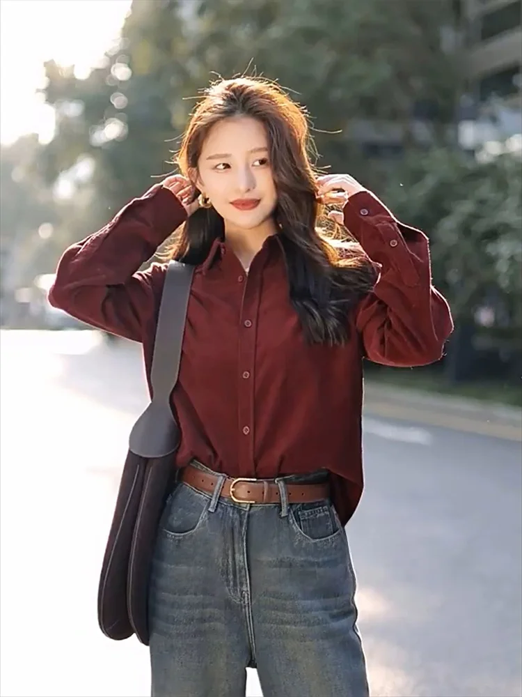 

High Quality Women's Wine Red Shirt Spring Autumn Winter Stylish Inner Wear Layering Top Korean Style Collar Long Sleeve