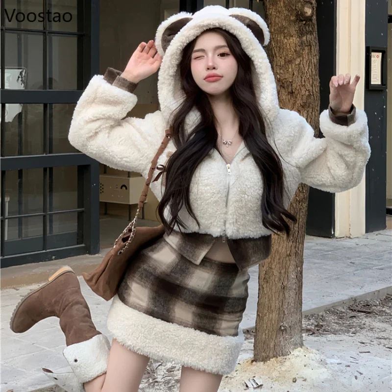 Autumn Winter Sweet Lolita Style Skirt Sets Women Cute Cartoon Bear Ears Hooded Plush Short Coat Mini Plaid Skirt 2 Piece Set