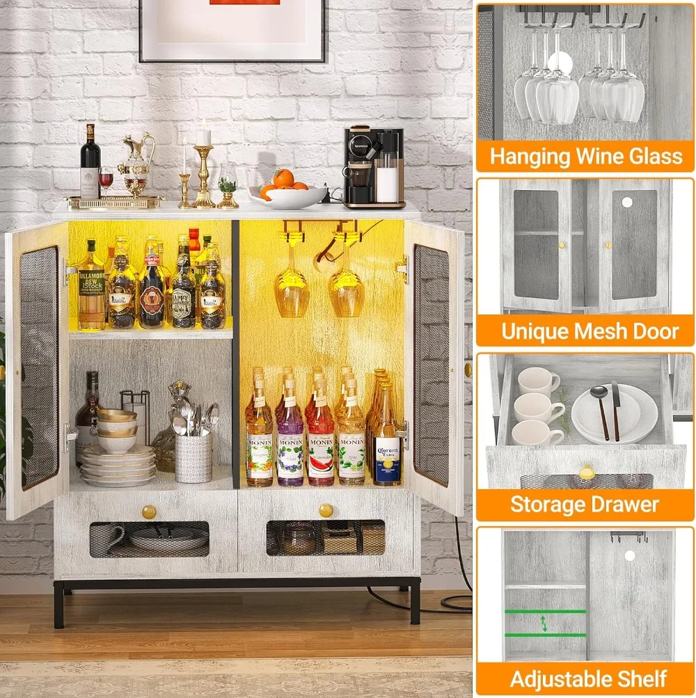 Buffet avec rangement, armoire pour bar à vin avec prise de courant et lumière LED, armoire de rangement de cuisine avec égouts de proximité