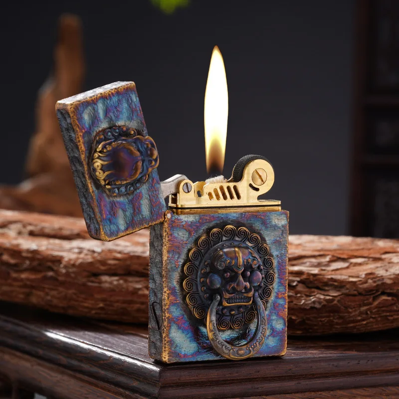 Original Copper Right Angle Hand Carved Heavy Armor Door Ring Windproof Kerosenes Lighter Vintage Gift for Men