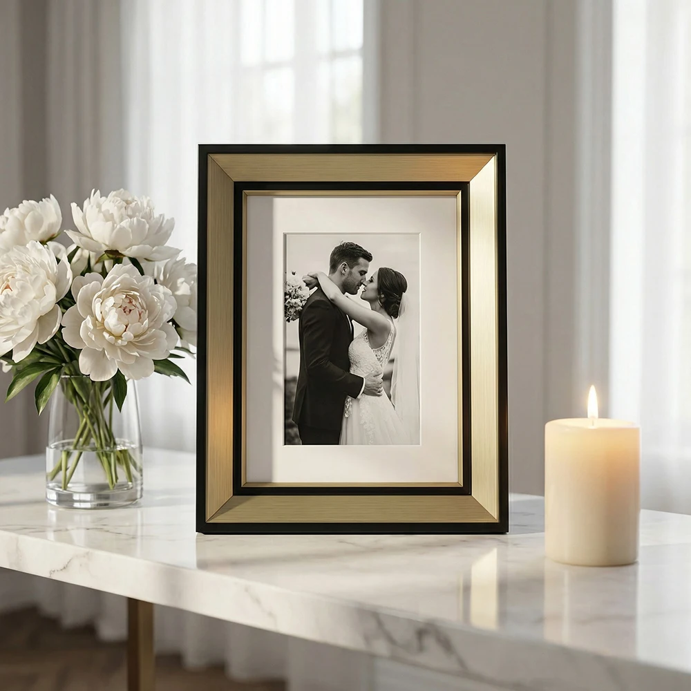 2Pcs Elegant Black & Brushed Gold Picture Frame With Mat Two-Tone Photo Frame For Painting Display Modern Luxury Wall Desk Decor