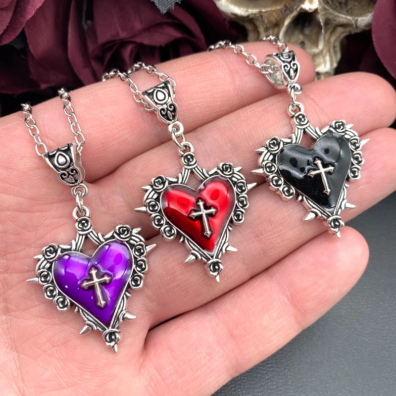 Death Cross Heart Necklace, Gothic jewelry, rose, Thorn, Vintage accessories, Y2k Choker, Witch, Pagan, For Women Man，Trend