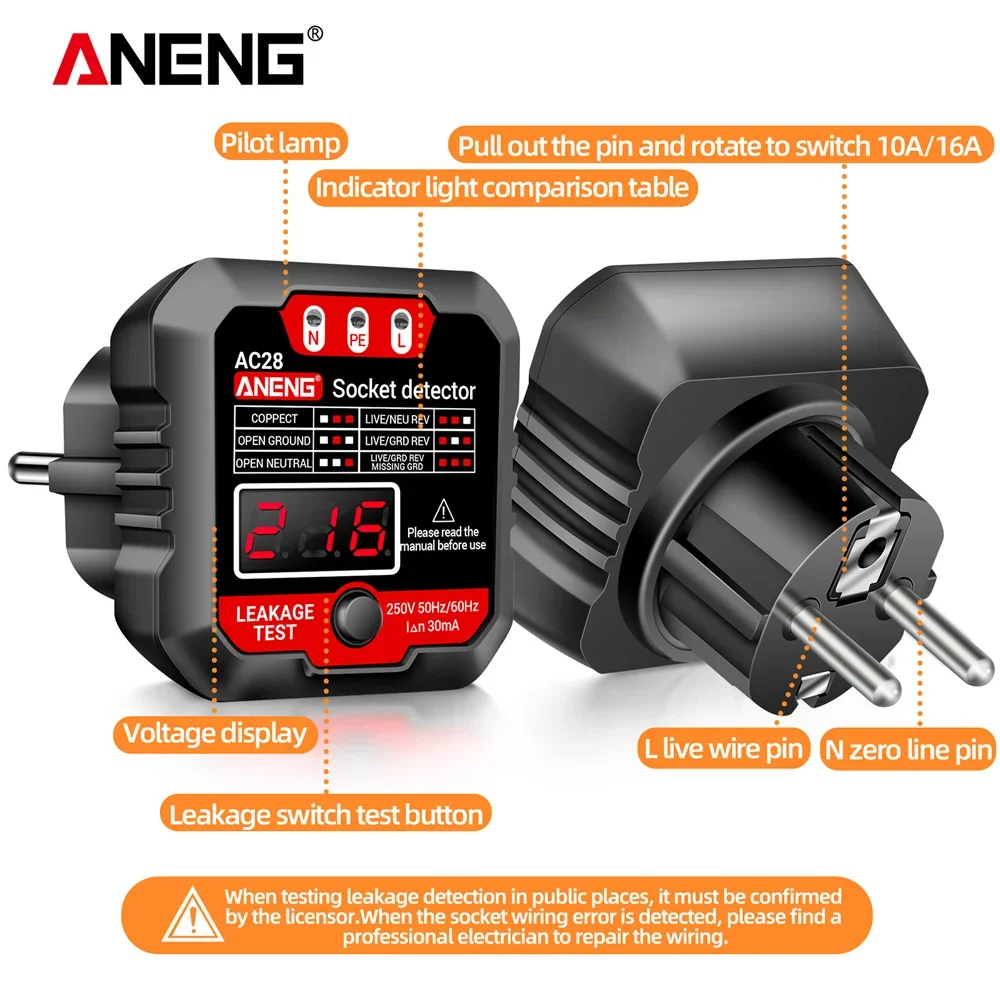 ANENG AC28 cyfrowy miernik do gniazdka wtyczka US/EU polaryzacja faza detektor Pheck Tester napięcia wielofunkcyjny elektroskop ANENG AC27