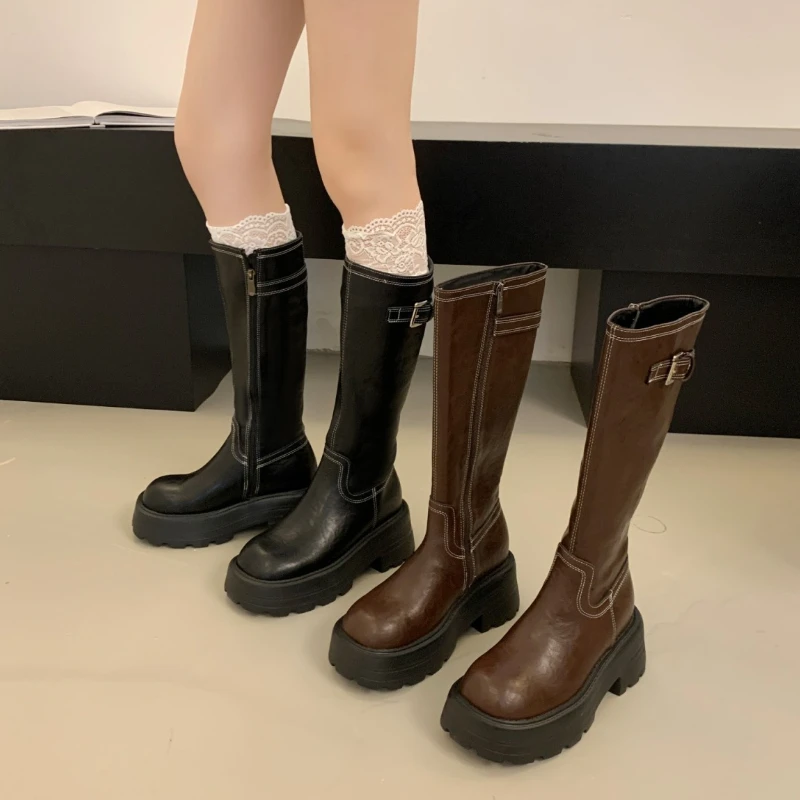 Botas hasta la rodilla de tacón grueso con plataforma Vintage para mujer, botines largos de caballero con hebilla de cinturón a la moda, botas de invierno femeninas