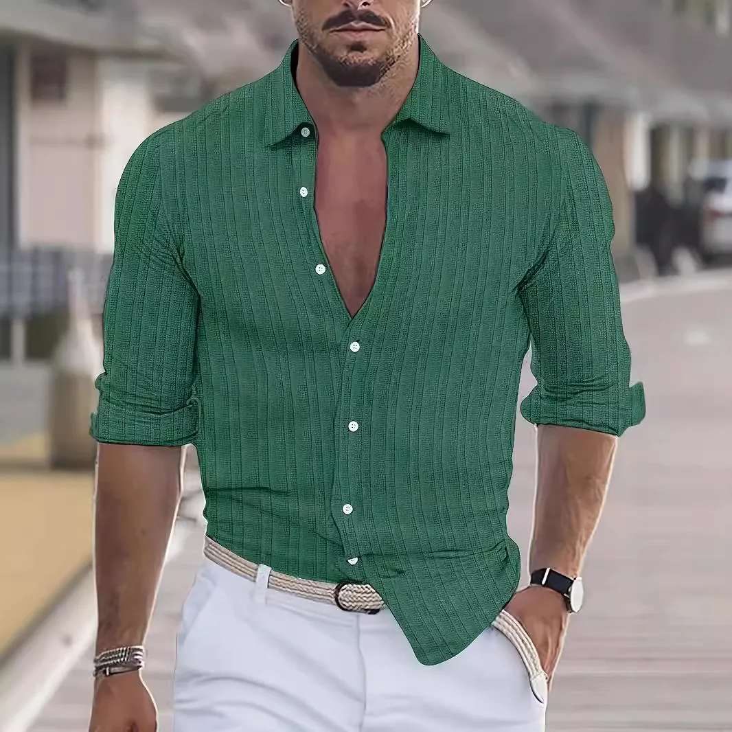 

Мужская модная свободная рубашка с полосатым узором, отложным воротником и длинными рукавами, осенняя, утепленная, с воротником-стойкой, рукава 9/10