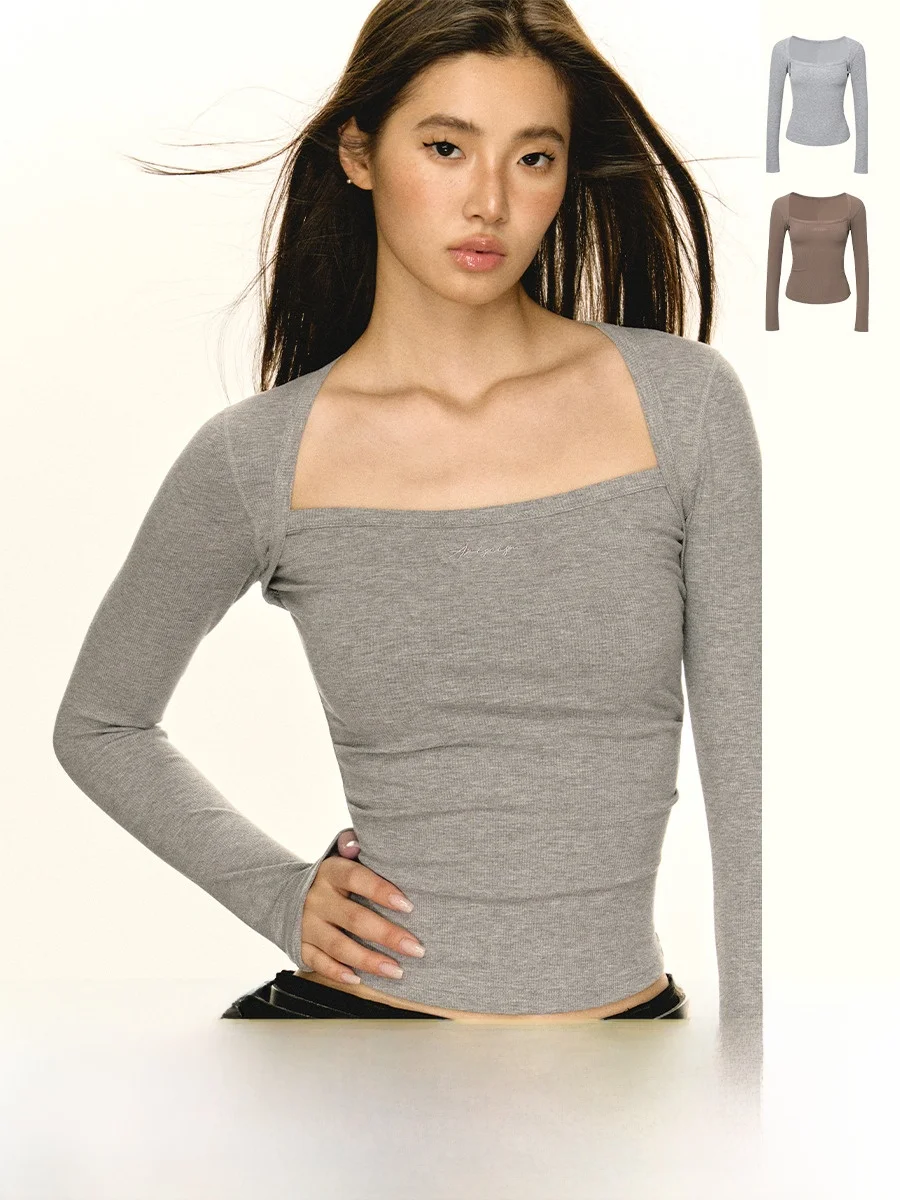 

Ariseism American Retro Double Color Long Sve Square Collar Women's T-irt Slim Fit Base irt Autumn New Sle Streetwear