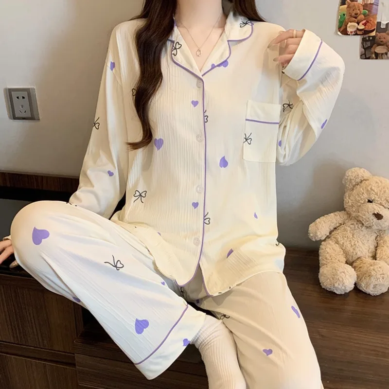 2PCS/Set Women's Pajamas Long Sleeve Print Bow Tie Love Sleepwear Loungewear Cardigan Simple Lapel Neck Fashion Pajamas Homewear