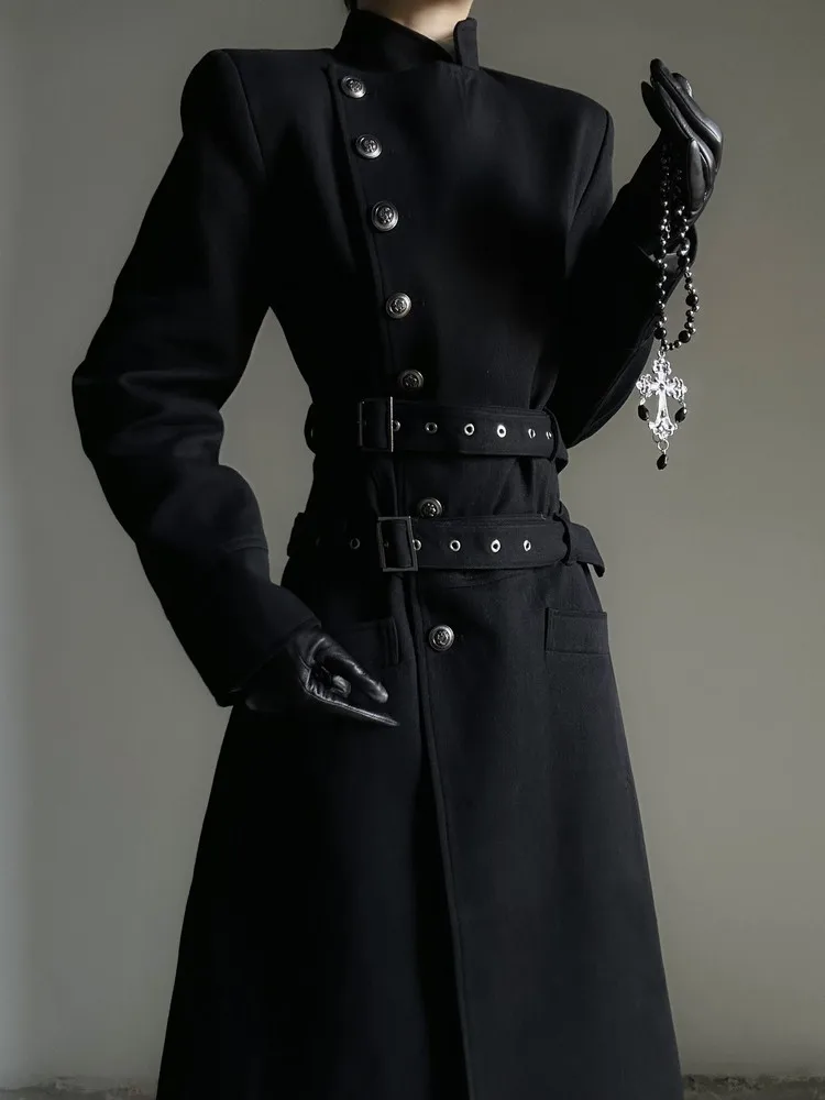 British Style Men Long Suit Jacket 2026 Autumn Fashion Retro Double Waistband Design Stand Up Collar Single Breasted Blazer