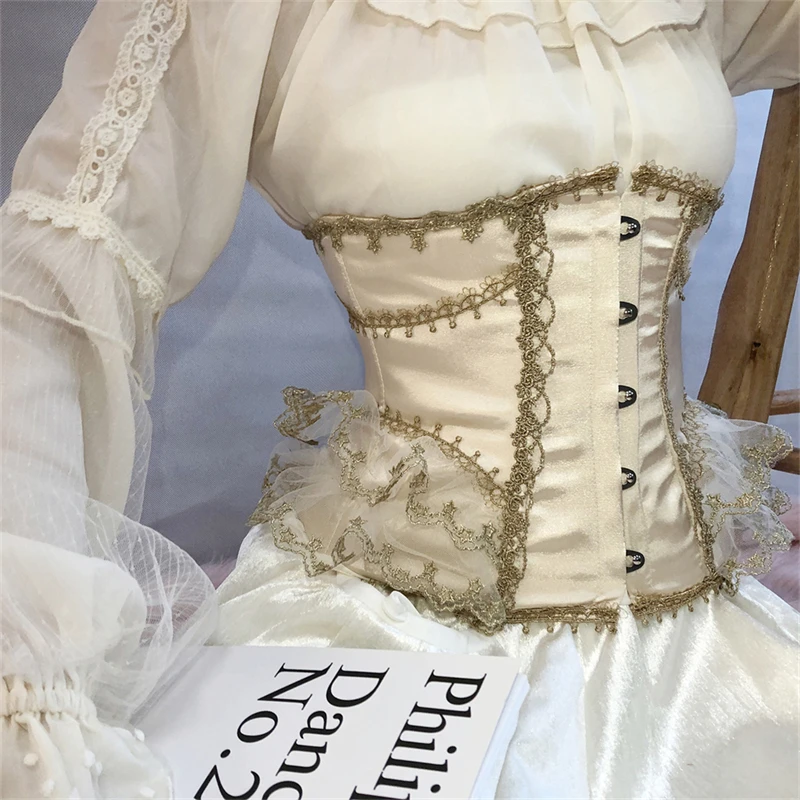 Women Court Style Corset Underbust Luxury Lace Bustier Vintage Bodice Lace Up Boned Waist Trainer Stage Costume Gold Tight Tops