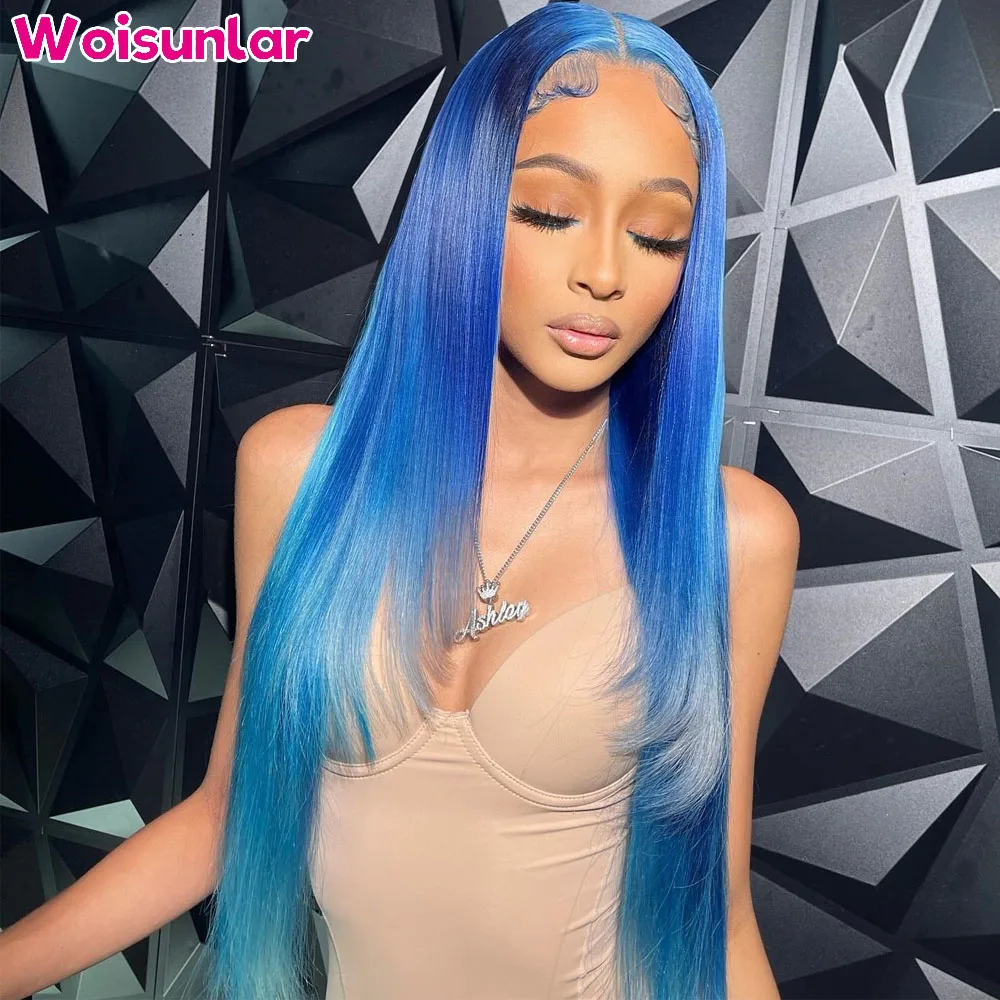 Ombre Blue Body Wave 13x6 Lace Frontal Wigs Human Hair Transparent 4x4 Lace Closure Human Hair Wigs Pre Plcuked For Women Hair