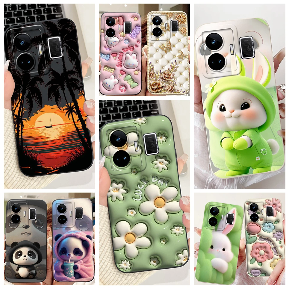 Cartoon Case For Realme GT Neo 5 240W RMX3708 / Realme GT5 240W Etui Soft Liquid Silicone Back Cover Flower Luxury Phone Shell