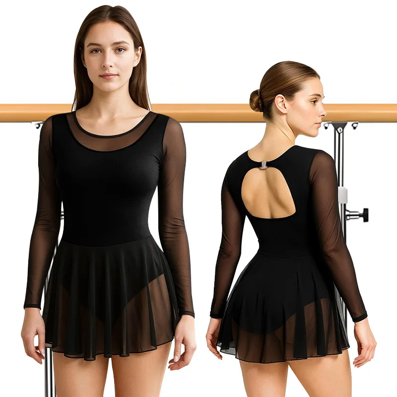 Damen-Tanzkleider aus Mesh mit langen Ärmeln für Erwachsene, Gymnastik, Ballett, Tanzröcke mit hohlem Rücken und Rundhalsausschnitt