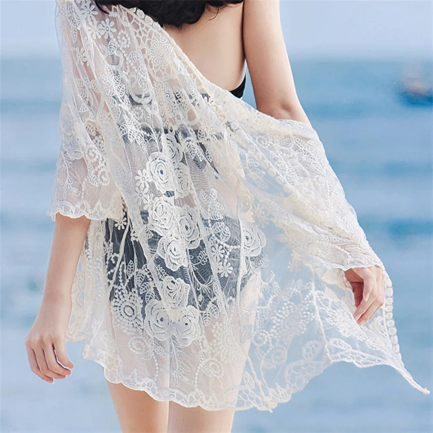 

2023 Fashion Summer Women Lace Knitted Cardigan Blouses Thin Hollow Out Blousas Sun Protection Clothings Lady Beach Shirts 2131