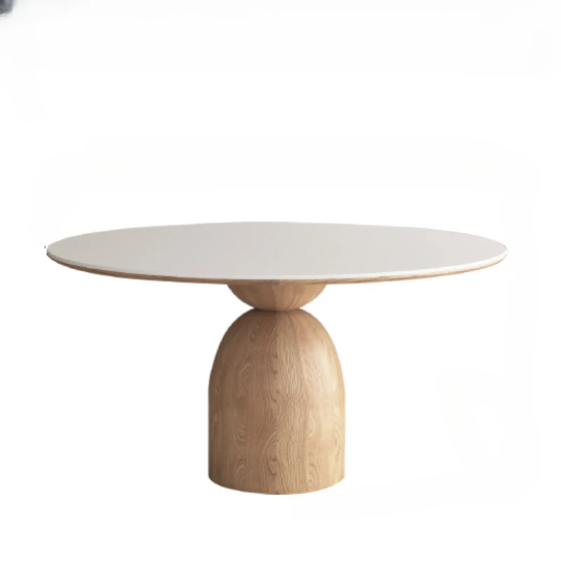 

Log Cream Style Stone Plate round Table Household White Dining Table with Turntable Designer Solid Wood