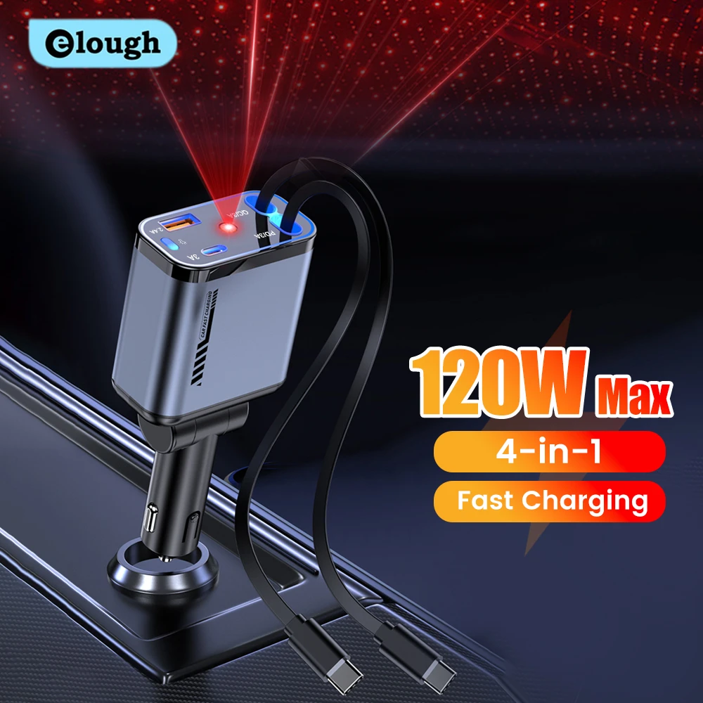 

Elough 4 in 1 USB Car Charger Retractable Cigarette Lighter Adapter With Type C iOS Fast Charging Cable Star Light For iPhone 16