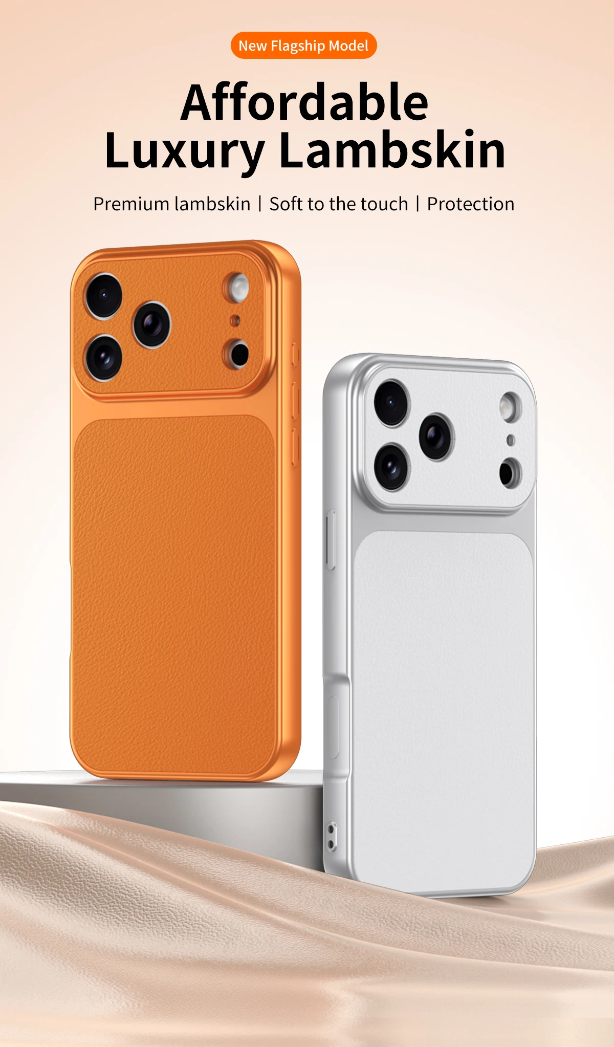 Erschwingliche Luxus Premium PU Lammleder Silber Weiß Schwarz Handyhülle für iPhone 17 16 15 14 13 12 11 Plus Pro Max X XR Rückseite – Detail 1
