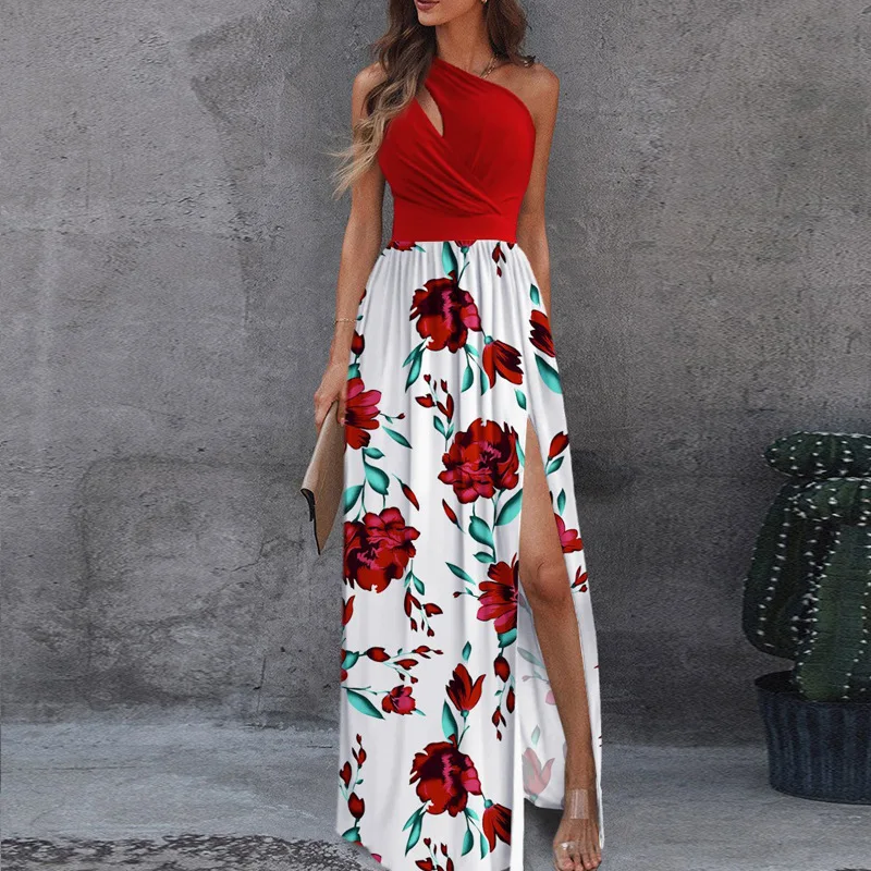 Women's 2024 New Elegant Hollow-out Slanted Sleeveless Print High Waist Slit Maxi Dress Evening Festive Party Vocation Holiday