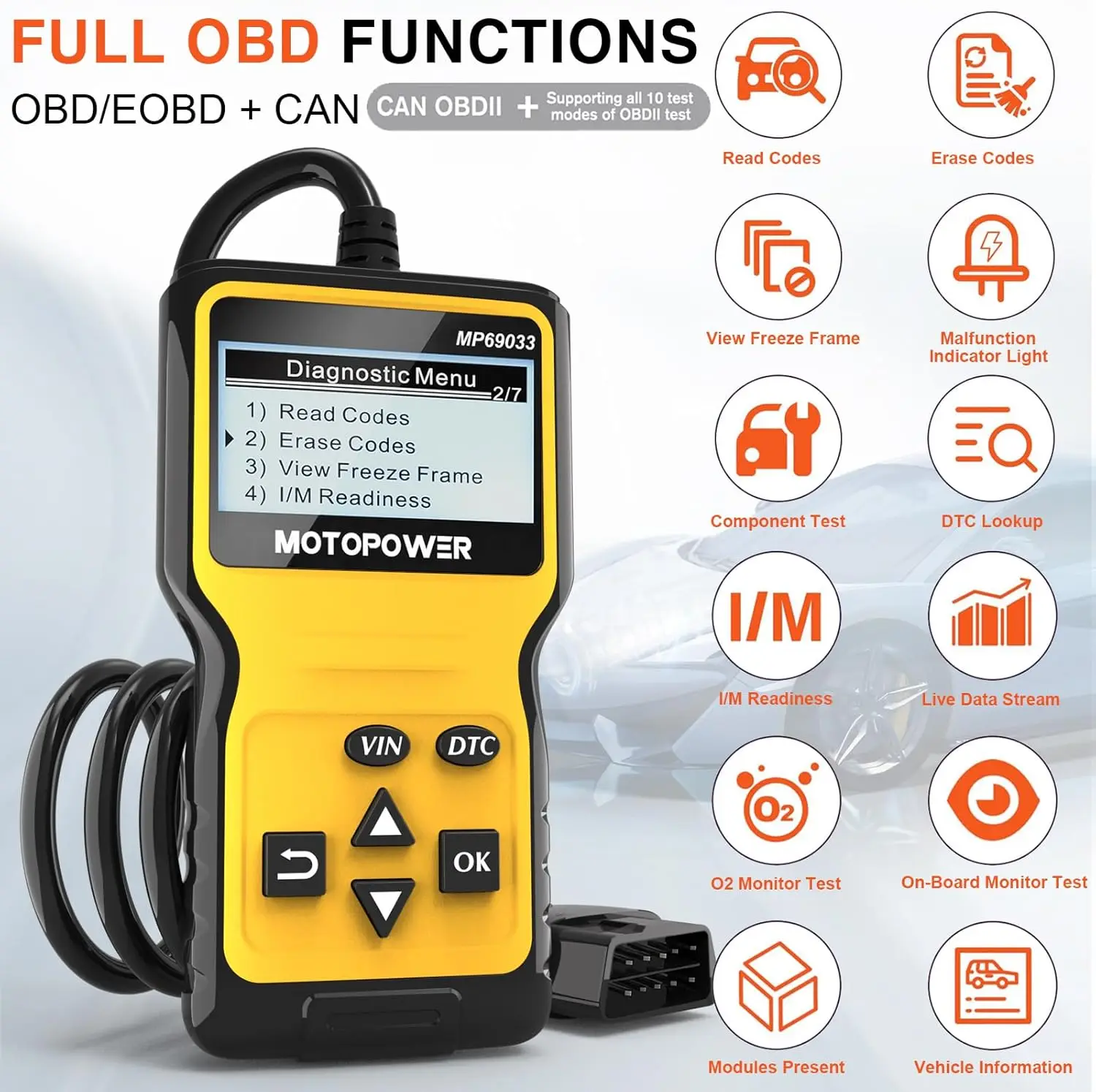 MP69033 OBD2 Scanner Code Reader for All OBD II Cars Since 1996, Yellow