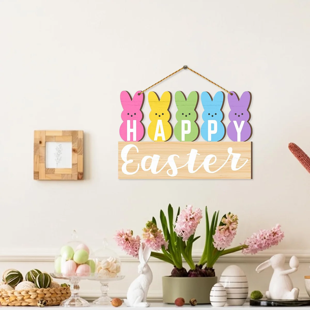 

Easter Wooden Sign - Happy Easter Bunny Decoration, Colorful Holiday Home Decor, Wood Sign Wall Art for Spring Festival