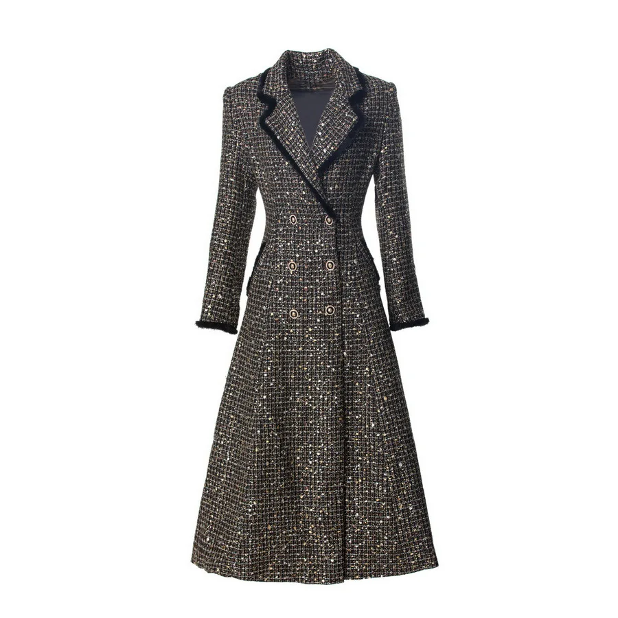 Abrigo de tweed con doble botonadura para mujer de Europa y Estados Unidos, novedad de invierno de 2024, manga larga, hilo dorado y plateado, XXXL