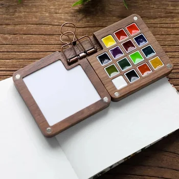 Paleta de acuarela de madera para arte, caja de pintura acrílica vacía portátil de viaje, bandeja cuadrada, suministros de pintura artística
