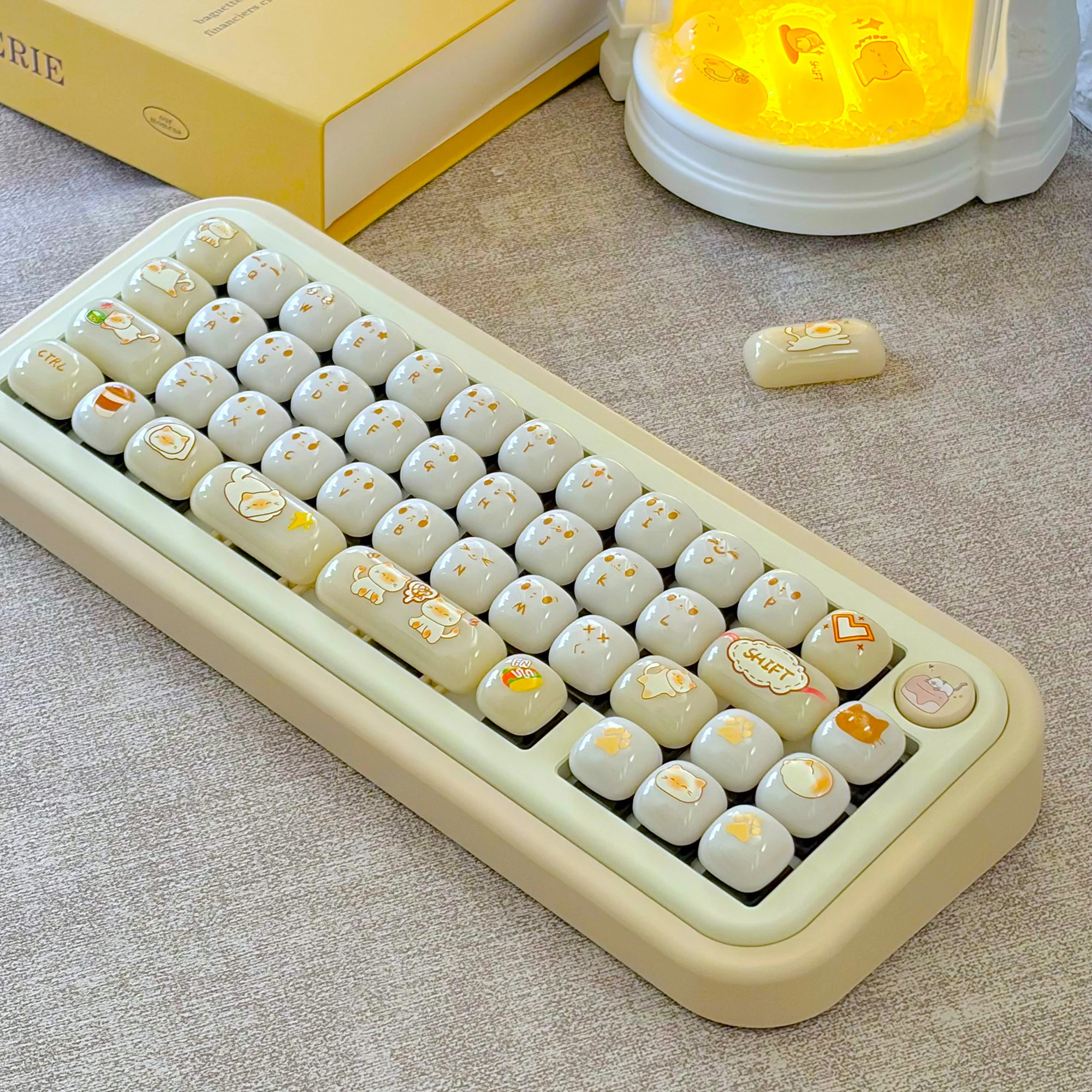 URE Cute Bag Cat Jelly Keycaps MOG Profile PC Glossy Pudding UV‑Print Ceramic Feel Keycap Set For MX Mechanical Keyboard