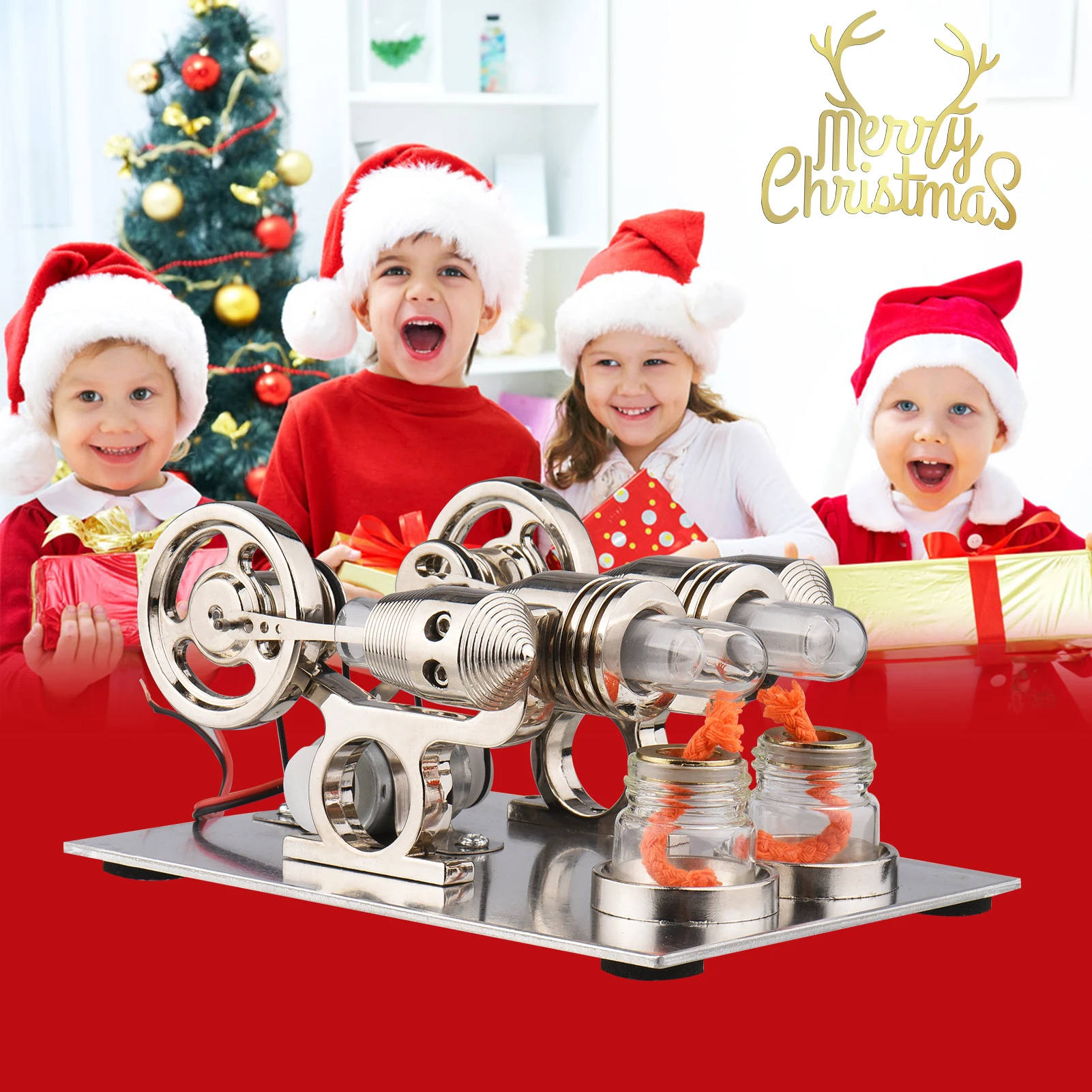 Stirling Engine Kit Dual Engine Generator Hot Air Motor Model Physical Generator Model with Flywheel Design Science Experiment