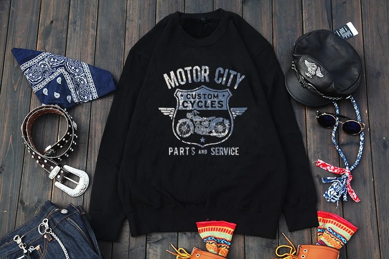 

Heavyweight Workwear Motorcycle-style Pure Cotton Round-neck Sweatshirt for Men Trendy Brand in Ins American Retro Loose Style