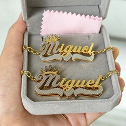 Customizable Name Necklace Bracelet Stainless Steel 3D Double Layer Nameplate Pendant Necklaces For Women Men Jewelry Set Gifts