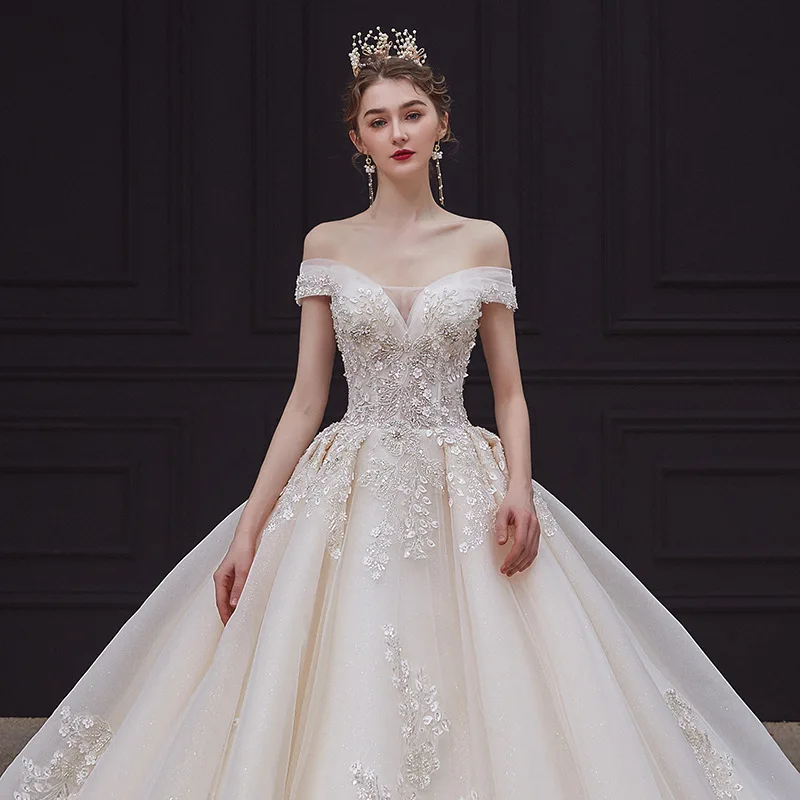 

Exquisite Hand Beading Wedding Dresses Off The Shoulder Organza Court Train Bridal Ball Gown Sexy Luxury Dress For Women