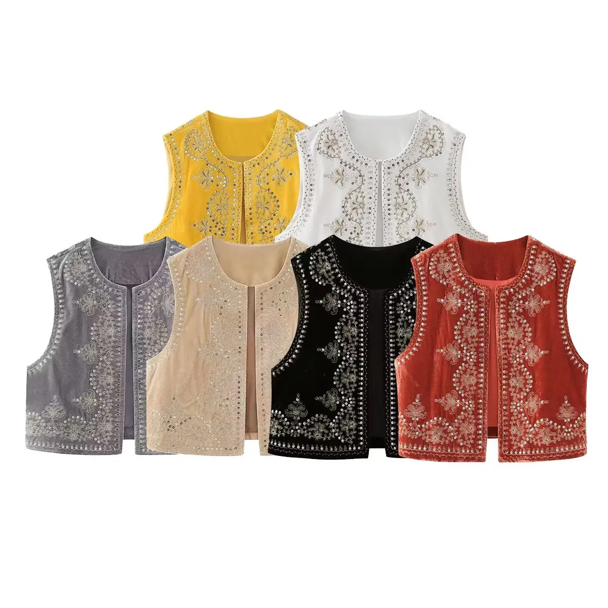 Ethnic Bling Sequins Embroidery Flower Velour WaistCoat Women BOHO Open Sleeveless Vest Jacket Velvet Vacation Loose Tops white