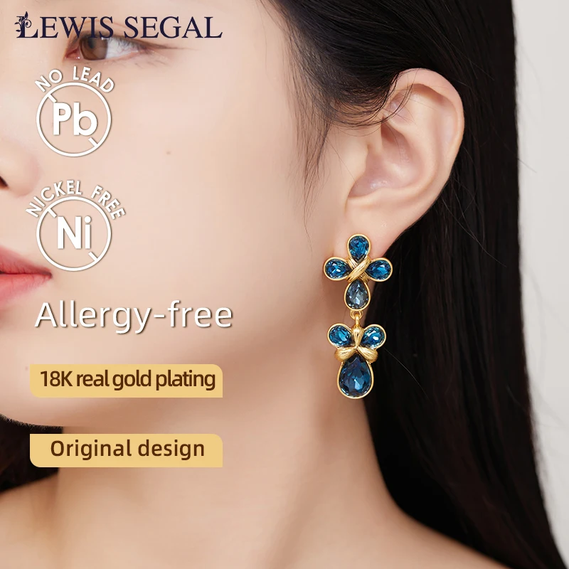 LEWIS SEGAL Crossed Dark Sapphire Drop Earrings for Women Independent Girl Luxury Medieval Style Fine Jewelry 18K Gold Plated