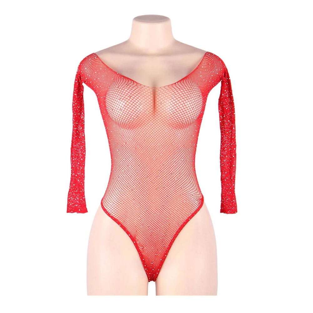 Fishnet Sexy Bodysuit Women Wet Look Mesh Hollow Out Rompers Black Red Diamond Body Stocking Lingerie Porno Suit Sex Clubwear